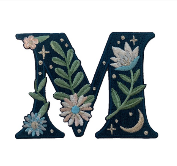 TR00445-NVY-OS -  “M” Botanical Letter Patch  - Embroidered Letters - Applique Letters - Initial Patch -  Cottagecore - Crescent Moon - Moon & Stars - Night Sky - Pastel - Bridal - Romantic -  Flower Girl - Aesthetic - Fairycore - Dreamy - Dark Academia - Botany - Indie - Witchcraft -  Wildflower Co FLOAT