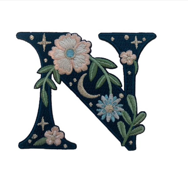 TR00446-NVY-OS -  “N” Botanical Letter Patch  - Embroidered Letters - Applique Letters - Initial Patch -  Cottagecore - Crescent Moon - Moon & Stars - Night Sky - Pastel - Bridal - Romantic -  Flower Girl - Aesthetic - Fairycore - Dreamy - Dark Academia - Botany - Indie - Witchcraft -  Wildflower Co FLOAT