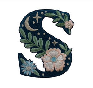 TR00451-NVY-OS -  “S” Botanical Letter Patch  - Embroidered Letters - Applique Letters - Initial Patch -  Cottagecore - Crescent Moon - Moon & Stars - Night Sky - Pastel - Bridal - Romantic -  Flower Girl - Aesthetic - Fairycore - Dreamy - Dark Academia - Botany - Indie - Witchcraft -  Wildflower Co FLOAT