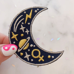 TR00426-NVY-OS-R - Crescent Moon Patch - Embroidered Patch - Iron on Patch - Patches for Jackets - Moon - Moon & Stars - Night Sky - Bridal - Astrology - Venus - Dreamy - Dark Academia - Gold - Indie - Mysterious - Cosmic - Feminism - Girl Power - Aesthetic - Grunge - Wildflower Co FLOAT
