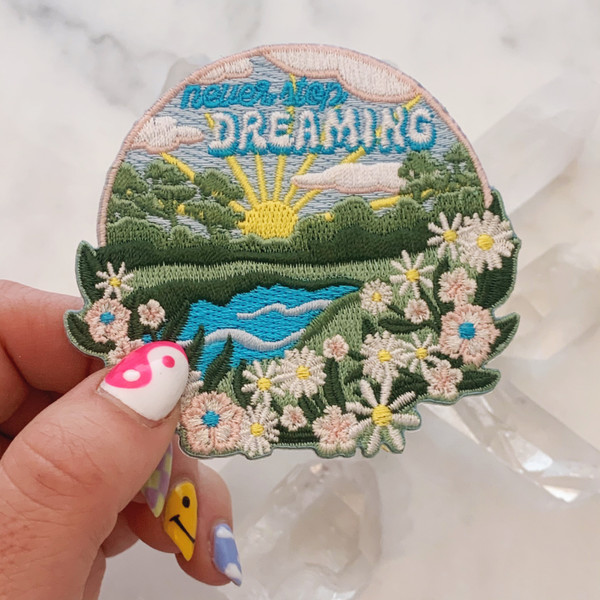 TR00414-MLT-OS - Never Stop Dreaming Patch - Embroidered Patch - Quote Patch - Iron on Patch - Patches for Jackets - Cottagecore - Pastel - Dreamy - Bridal - Romantic - Flower Girl - Aesthetic - Fairycore - Dreamy - Light Academia - Botany - Floral Aesthetic - Aesthetic - Indie - Wildflower Co FLOAT
