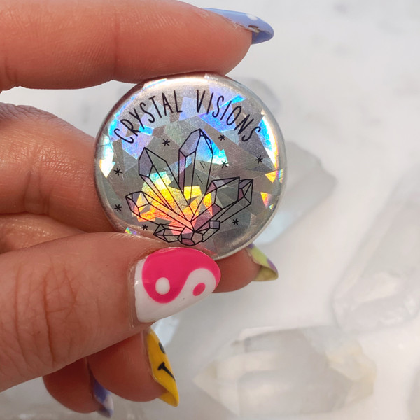 AC00050-HOL-OS-R - Crystal Visions Button Pin - Button Pins - Pin - Button Badge - Badge - Flair Button - Holographic - Holographic Pins - Silver - Silver Holographic - Lapel Pin - Glitter - Steve Nicks - Fleetwood Mac - Crystal Visions