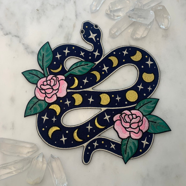 TR00427-BLK-OS-R - Snake w/ Moon Phases XL Back Patch - Iron On - Iron-On - Patch - Patches - Patches for Jackets - Moon Patch - Moon Phases - Aesthetic - Night Sky - Mysterious - Cosmic - Dark Academia - Bridal - Magical - Cottagecore - Serpent