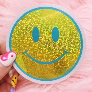 PC00101-YEL-OS - Smiley Face Glitter Holo Sticker, Yellow - Stickers - Emoji - Aesthetic - Good Vibes - Holographic - Happy Face - Positivity - Retro - Glitter