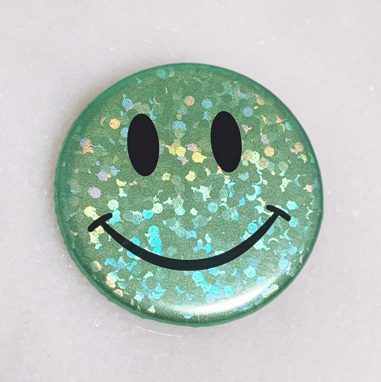Smiley Face Button Pin | Mint Glitter Holographic | Wildflower + Co