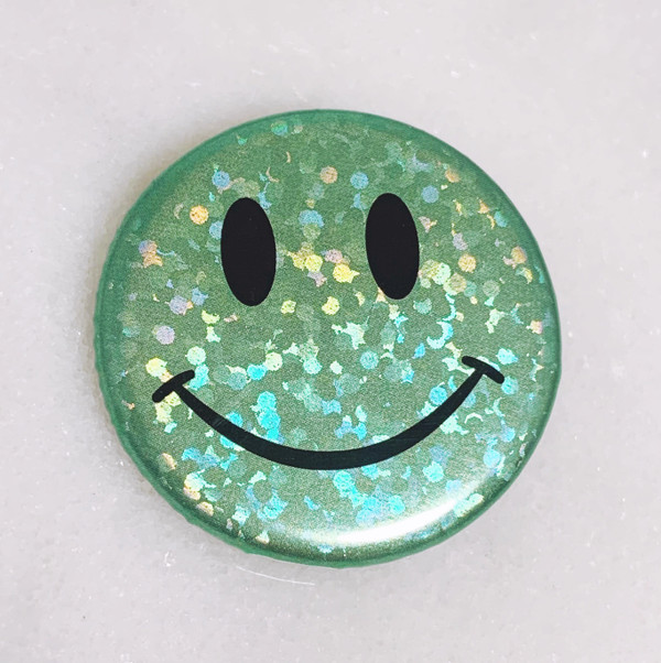 AC00213-MNT-OS - Smiley Face Button Pin, Glitter Holographic - Mint - Button Pin - Buttons - Emoji - Aesthetic - Good Vibes - Holographic - Happy Face - Positivity - Retro - Glitter - Kidcore