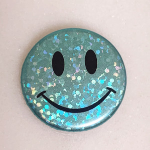 AC00213-AQU-OS - Smiley Face Button Pin, Glitter Holographic - Aqua - Button Pin - Buttons - Emoji - Aesthetic - Good Vibes - Holographic - Happy Face - Positivity - Retro - Glitter - Kidcore