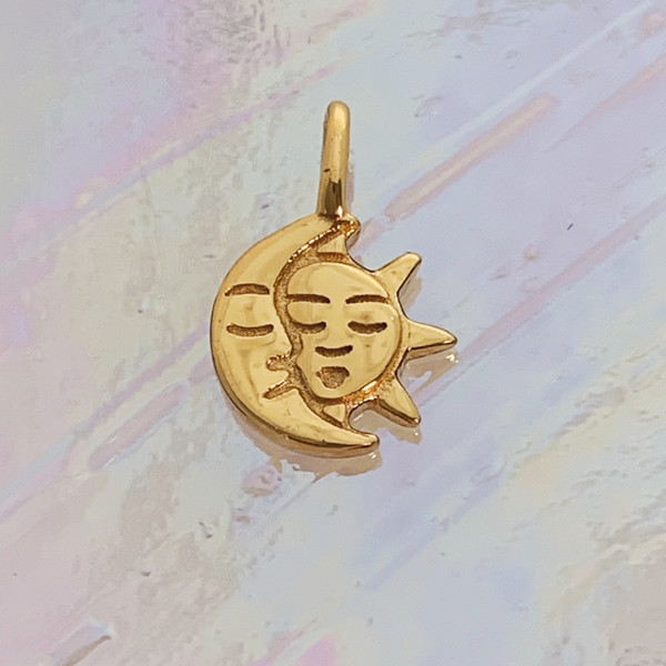 JW00861-GLD-OS Teeny Moon & Sun Charm, Gold Vermeil, Dainty Necklace, charm, dainty necklace, delicate necklace, layering necklace, minimalist necklace, simple necklace, tiny charm necklace, gift, sun, moon, sun & moon, sun and moon, ethereal, enchanting, magical, sky, space, sun charm, moon charm, nightsky, midnight, dark academia