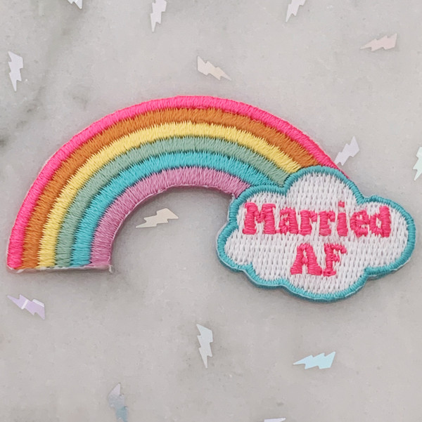 TR00466-MLT-OS Married AF Rainbow Lesbian LGBTQ Patch - Iron On, Iron-On, Patch, Patches, Patches for Jackets, Embroidered, Embroider, Embroidery, Applique, Pride, Bachlerotte, Wedding, Bride, Honeymoon, Bridal, Bridal Shower, Rainbow, Gradient, Love, Pride, Pride Month, LGBTQ, LGBT, LGBT+, Gay, Gay Pride, Lesbian Pride, Bisexual, Pansexual, Love, Love is Love, Colorful, WLW, MLM, Queer, Gay Patch, Lesbian Patch, Bi Patch, Queer Patch,  Wildlfower + Co. DIY 