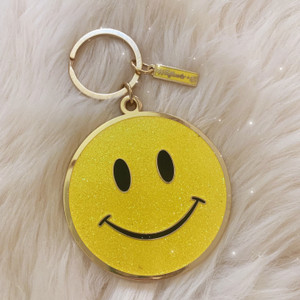 AC00215-YEL-OS - Yellow Glitter Key Chain, Key Ring, Hard Enamel, Keyring, Bag Charm, Enamel Keychain, Hard Enamel Keychain, Gift, Cute Gift, Girly, Smiley Face Enamel Keychain, Smile, Emoji, Smiley Face, Smiley Emoji, Emote, Glitter