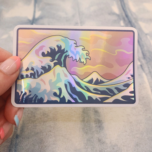 PC00113-MLT-OS - Great Wave Sticker, Holographic Sticker, Stickers for Laptops, Water Bottle Stickers, Stickers for Water Bottles, Laptop Stickers, Summer, Tropical, Sunshine, Aesthetic, Summer Aesthetic, Waves, Ocean, Peace, Pink, Pastel