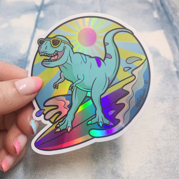 PC00117-MLT-OS - Surfing Dinosaur,Stickers, Stickers for Laptops, Water Bottle Stickers, Stickers for Water Bottles, Laptop Stickers, Neon, Summer, Tropical, Sunshine, Aesthetic, Summer Aesthetic, Waves, Surf, Surfing, Surfer