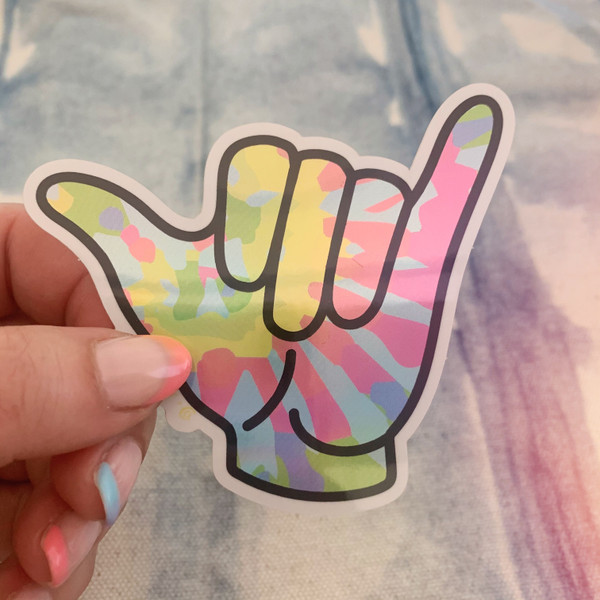 PC00119-MLT-OS - Hang Loose Hand Sticker, Holographic Sticker, Stickers, Stickers for Laptops, Water Bottle Stickers, Stickers for Water Bottles, Laptop Stickers, Neon, Tie Dye, Retro, Peace, Love, Surfs Up