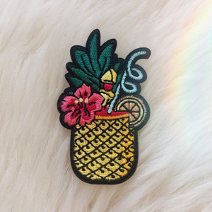 TR00247-MLT-OS - pineapple cocktal patch, patch, patches, iron on patch, iron on patches, patches for jackets, embroidered patches,  vsco, pineapple, pineapple patch, preppy, fruit, tropical, cocktail, tiki, tiki bar, hawaii, alcohol, aesthetic, fruity cocktail