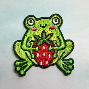 TR00497-GRN-OS - Frog & Strawberry Patch - Cute Embroidered Iron On - Patches for Jacket + Cottagecore Frog Aesthetic - Wildflower + Co. DIY
