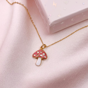 Mushroom Charm Necklace - Pink Glitter