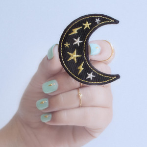 Crescent Moon Patch - Iron On Patches - Embroidered Applique - Black - Metallic Gold Silver - Moonchild - Moon Goddess - Star Lightning Bolt - Wildflower + Co (2)