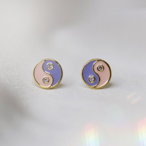 Yin Yang Stud Earrings - Pink & Blue Enamel
