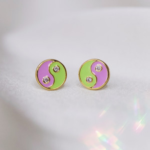 Yin Yang Stud Earrings - Lilac & Green Enamel