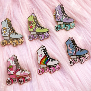 1 - Roller Skate Enamel Pin - Roller Derby - Roller Disco - Derby Girl Cute Gift - Bag Charm - 70s Daisy Rainbow  Mushroom Moon Strawberry Milk - Wildflower + Co
