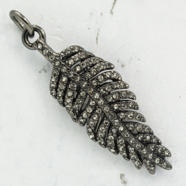 JW00183 Pave Feather Charm Pendant, Hematite Black Diamond - DIY Pave Feather Necklace Bracelet - Wildflower + Co.