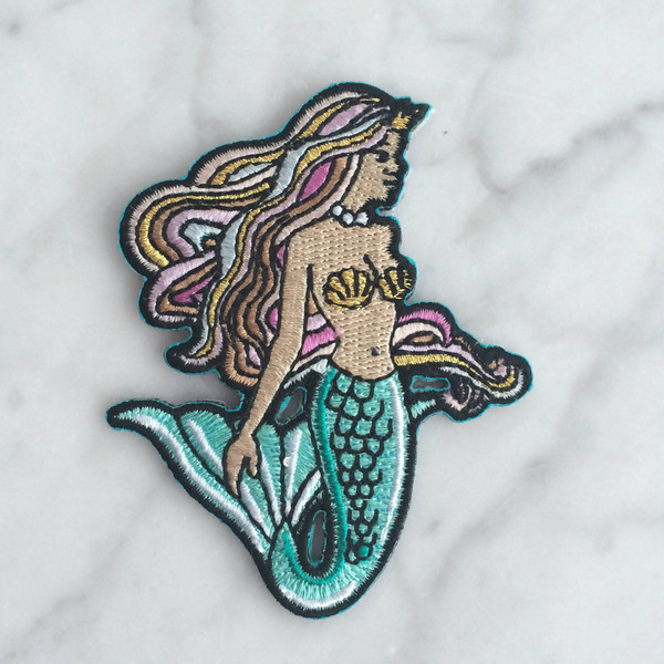 Mermaid - Iron On Patch - Patches - Embroidered Applique - Mermaid Hair - Pastel - Aqua - Metallic Gold - Wildflower + Co.