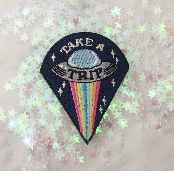 TR00136MLTOS Take a Trip Patch - Alien UFO Trippy - Iron On Embroidered Patches - Wildflower + Co - Ruler