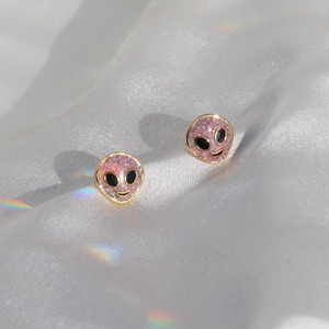 JW00424-LIL-OS-R - Alien Stud Earrigs - Lilac Glitter & Gold - Cute - Space - Wildflower + Co. Jewelry Gifts