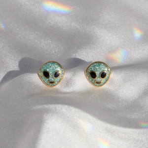 Alien Stud Earrings  - Tiny Dainty Glitter & Gold - Mint - Aqua - Packaged - Wildflower Co 