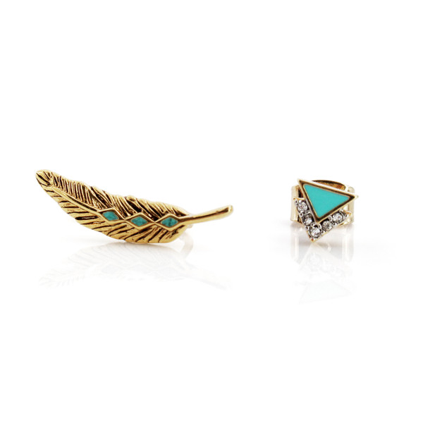 Feather Asymetrical Earring Set | Gold & Turquoise | Wildflower + Co. 
