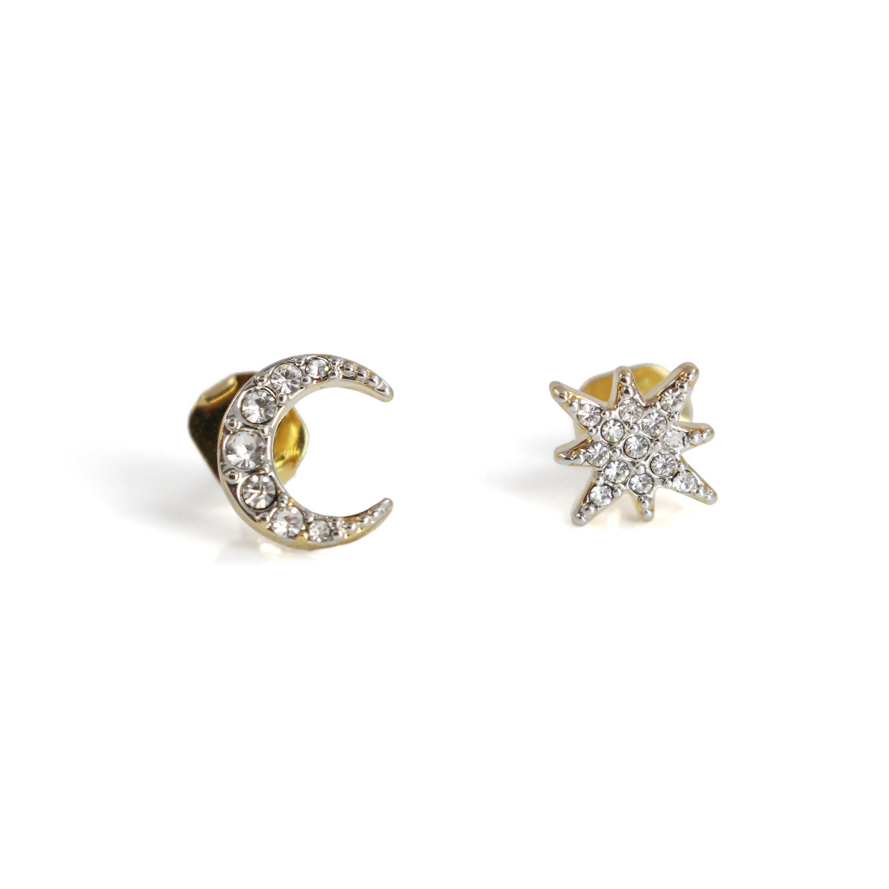 Moon & Star Stud Earrings | Dainty Pave Gold | Wildflower + Co.