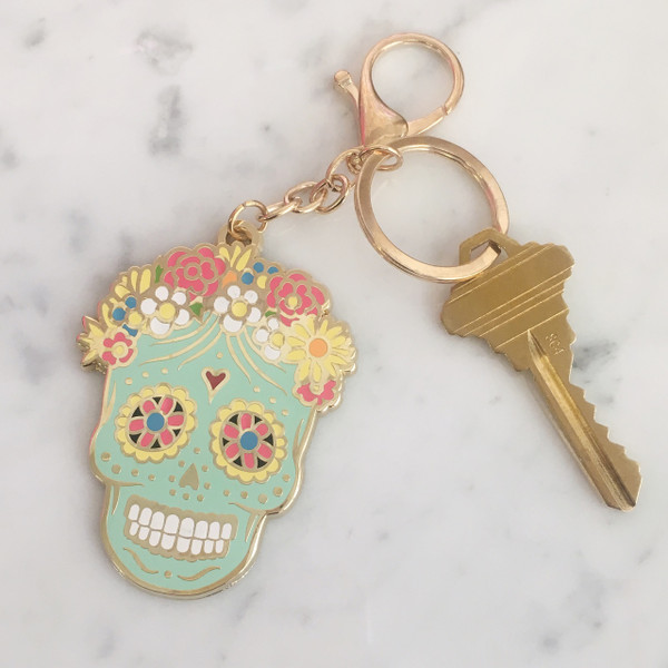 Sugar Skull Keychain Key Fob Bag Charm Enamel Flair - Day of the Dead - Dia de los Muertos - Wildflower Co (1)