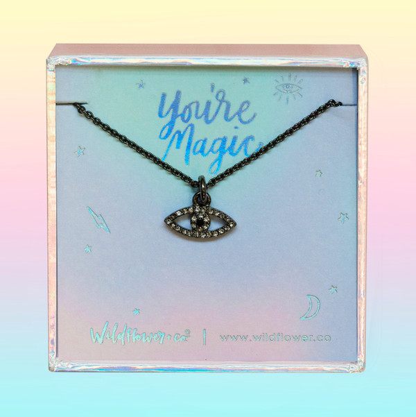 JW00464-HEM-OS-DYO - Evil Eye Necklace - Black Crystal Diamond & Hematite - Charm Pendant - You're Magic - Wildflower + Co. Jewelry