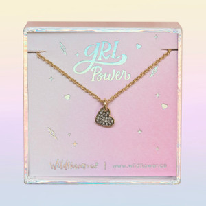 JW00465-GLD-OS-DYO - Dainty Heart Necklace -Crystal Pave & Gold - Charm Pendant - Love Grl Pwr - Wildflower + Co. Jewelry