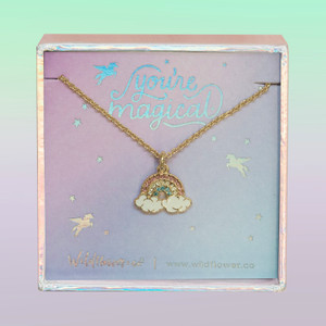 JW00494-GLD-OS-DYO - Rainbow Necklace - Pastel Pave Crystals & Gold - Charm Pendant - You're Magical - Cute Girly - Wildflower + Co. Jewelry