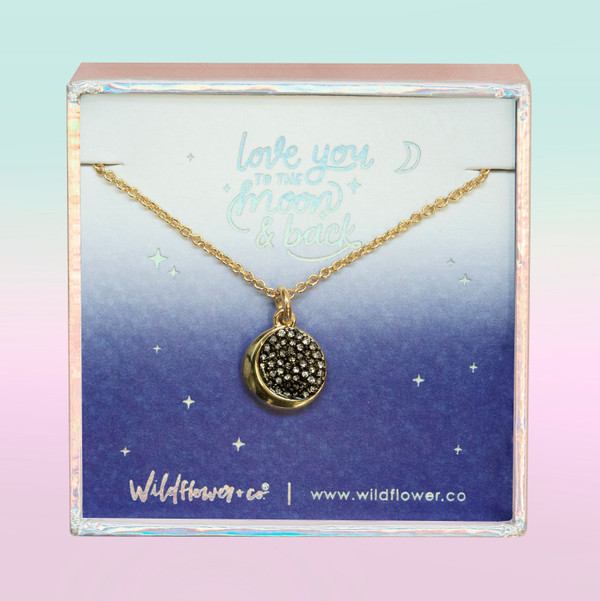 JW00497-GLD-OS-DYO -Moon Medallion Necklace -Black Diamond Crystal Pave & Gold - Charm Pendant - Space Cosmic - Love You to the Moon & Back - Wildflower + Co. Jewelry