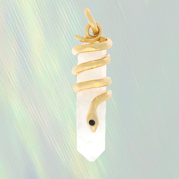 JW00407-GLD-OS Crystal Snake Charm - Pendant, Clear Quartz & Gold - Serpent - Wildflower + Co. - Valentines Day Gift