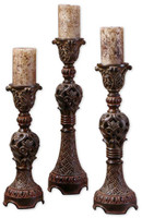 Rosina, Intricately Carved Brown Candle Holders, Set Of 3
