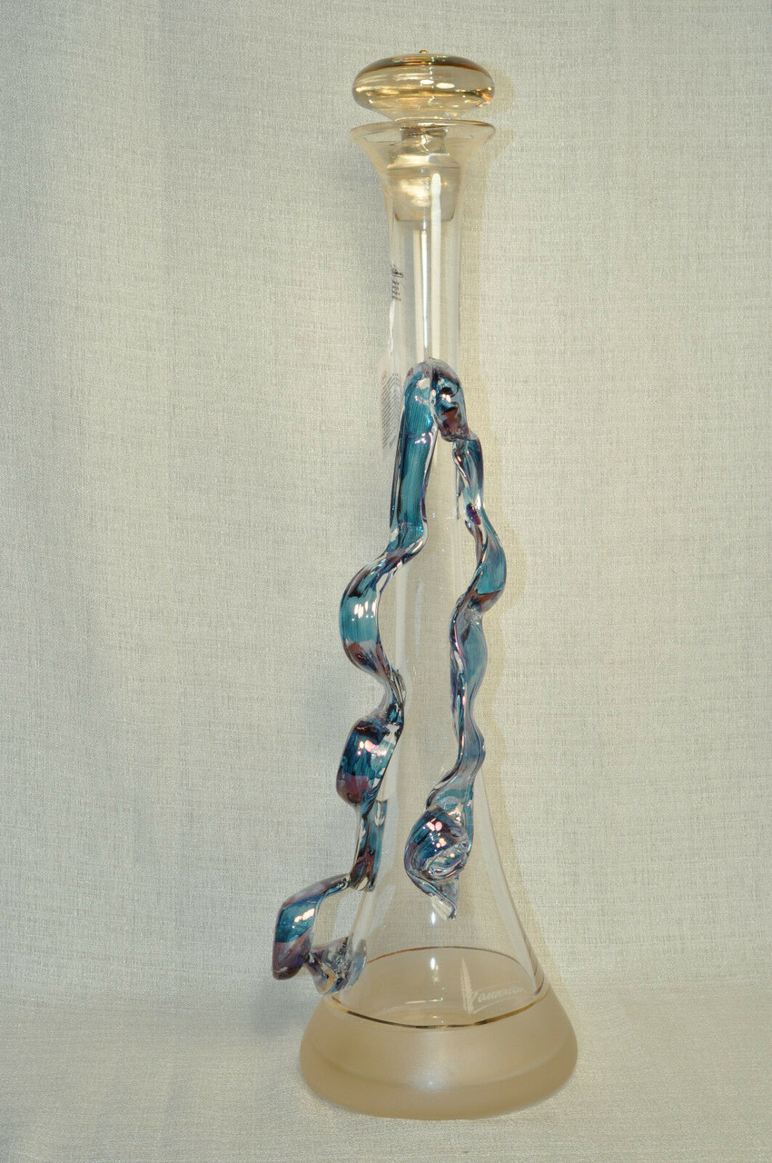 Art Glass Tall Decanter with Fused Glass Hand Blown Romania by Ion Tamaian
