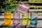 Color variety of handcrafted medium glasses made from recycled glass