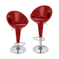 Set of 4 Beta Contemporary Bombo Style Adjustable Height Barstool - ABS Molded Bar Chair - Polished Chrome Steel Base with Floor Protecting Rubber Ring (Cherry Red)
