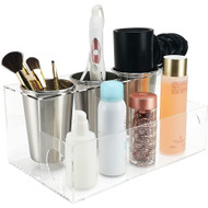 OnDisplay Fallon Deluxe Acrylic Hair Tool and Accessory Organization Station - Holds Hair Dryer, Curling Iron, Hair Straightener - Cosmetics/Makeup/Brushes/Pencils