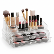 Deluxe 3-Tier Acrylic Cosmetic & Jewelry Organizer with Drawers | Premium Heavy-Duty Makeup Storage, Lipstick Holder, and Vanity Display Box (13.6" x 9.6" x 7")