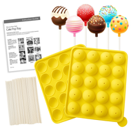 Silicone Cake Pop Mold Set – Yellow 20-Cavity Non-Stick Baking Tray with Sticks & Recipe Guide – Reusable Cakepop Maker Kit for Kids & Adults – Dishwasher & Oven Safe