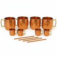 Authentic 100% Copper Moscow Mule Mug & Shot Glass Set – 12-Piece Hammered Copper Drinkware with Brass Handles – 4 Mugs + 4 Mini Shot Mugs + 4 Straws – Handcrafted Gift Set