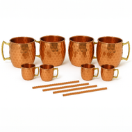Authentic 100% Copper Moscow Mule Mug & Shot Glass Set – 12-Piece Hammered Copper Drinkware with Brass Handles – 4 Mugs + 4 Mini Shot Mugs + 4 Straws – Handcrafted Gift Set