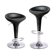 Set of 4 Alpha Faux Leather Contemporary Bombo Style Adjustable Height Barstools - Polished Chrome Steel Base with Floor Protecting Rubber Ring (Black Licorice Baseball Stitch)