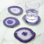 Modern Home Set of 4 Natural Agate Stone Coasters with Gold/Silver Edge