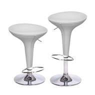 Set of 2 Alpha Faux Leather Contemporary Bombo Style Adjustable Height Barstools - Polished Chrome Steel Base with Floor Protecting Rubber Ring (Vanilla White Baseball Stitch)