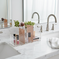 OnDisplay Vail Gold Glitter Acrylic Makeup Brush Holder – 3-Slot Clear Cosmetic Organizer for Vanity, Brushes, Eyeliners & Lip Gloss